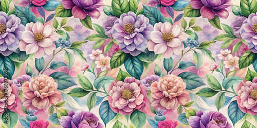 A vibrant floral pattern featuring assorted blossoms in shades of pink, purple, and green.