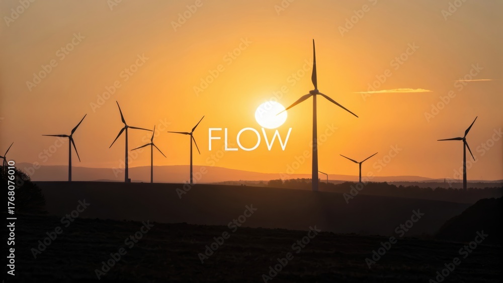 Obraz premium Wind Turbines Silhouette Against Vibrant Sunset Sky with Flow Text