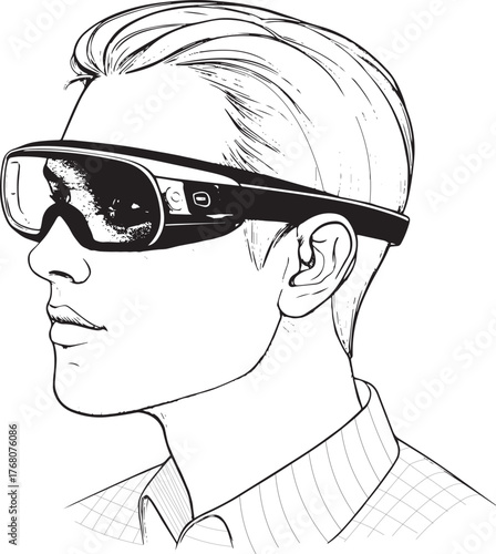 A man wearing augmented reality glasses in a side view with a patterned shirt on