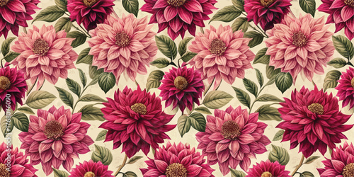 Vibrant floral pattern featuring red and pink dahlias with lush green leaves on a soft background.