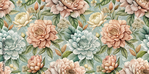 Delicate floral pattern featuring soft peach and light blue blooms on a serene backdrop.