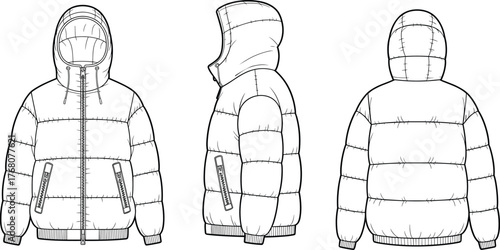 Puffer jacket technical sketch, hooded quilted coat with zipper and pockets, flat vector CAD fashion illustration template, multi-view