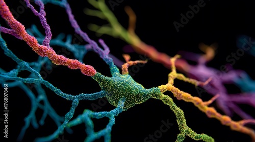 Colorful neurons with intricate branching structures against a dark background.