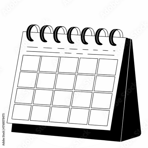 Black and white illustration of a spiral notebook page with a calendar grid and binding vector vector