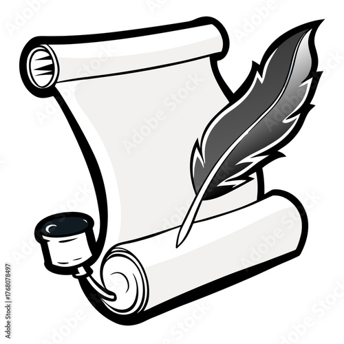 Blank scroll parchment with quill pen and inkwell vector illustration vector