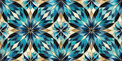 Intricate blue and teal geometric pattern with floral motifs, creating a stunning visual effect.