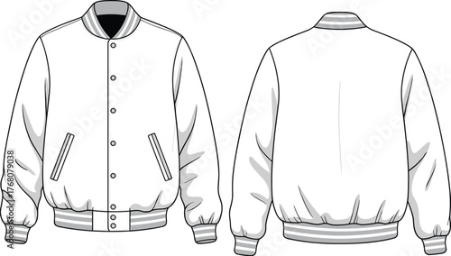 White varsity jacket technical sketch, striped ribbed collar cuffs hem, button-up front view, flat vector CAD fashion illustration template