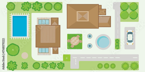 Aerial view illustration of a modern house with a swimming pool hot tub and car parked in the driveway