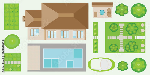Top down view of a house with a swimming pool garden and car