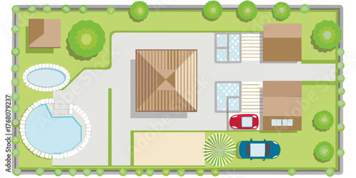 Top down view of a modern house with a swimming pool and landscaped yard