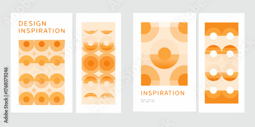 Set of four abstract graphic design posters featuring orange circular and semi circular shapes with text