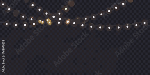 Festive string lights with warm glowing bulbs draped across a dark checkered background