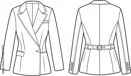 Women’s blazer technical drawing, front and back view, fashion CAD sketch, garment design vector, apparel illustration, cad drawing flat vector illustration