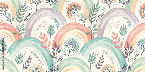 Colorful abstract pattern with leaves and arches in pastel hues, evoking a cheerful and serene atmosphere.