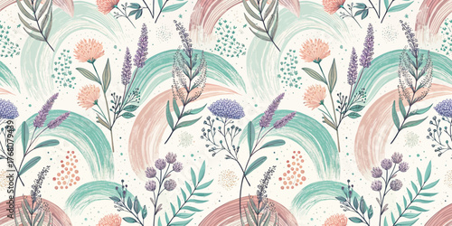 A vibrant floral pattern featuring pastel hues of green and pink with delicate botanical elements.