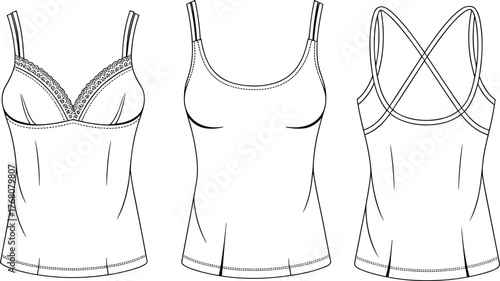 Women’s camisole top technical drawing, front and back view, fashion CAD sketch, garment design vector, apparel illustration, cad drawing flat vector illustration