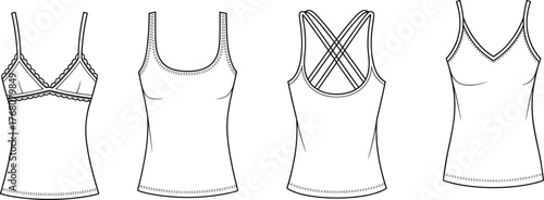 Women’s camisole top technical drawing, front and back view, fashion CAD sketch, garment design vector, apparel illustration, cad drawing flat vector illustration