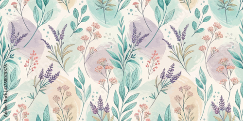 A beautiful floral pattern featuring various colorful botanical elements on a serene pastel background.