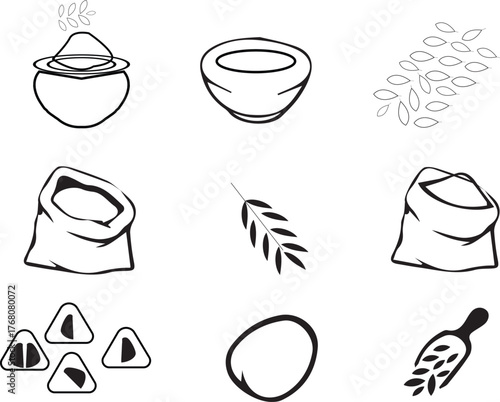 A set of grain and food-related icons. The illustrations include bowls, sacks of grains, rice grains, wheat stalks, and scoops — representing agricultural products, cereals, or natural food ingredient