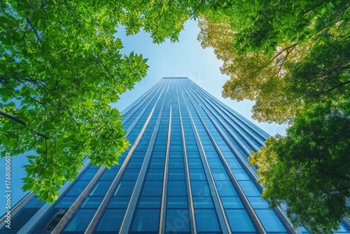 Looking up at a tall modern glass skyscraper framed by lush green and yellow leafy tree branches on a bright sunny day