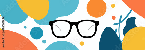 Black eyeglasses on colorful abstract background, flat design, isolated