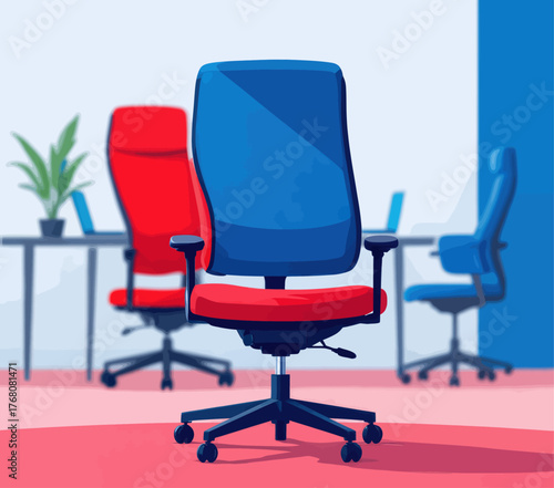 Blue office chair with red seat, modern ergonomic design, minimalist workspace setting