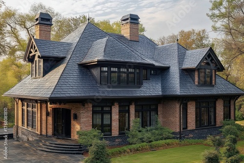 Wallpaper Mural Large brick house with multiple chimneys and steep slate roof surrounded by green lawn and trees under partly cloudy sky Torontodigital.ca