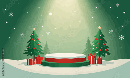 Christmas podium stage with trees gifts snowflake background, festive holiday design
