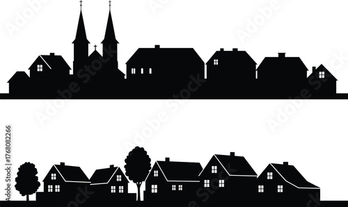 Charming village and countryside silhouette with houses, trees, and church, black rural landscape illustration for architecture, tourism, and design projects