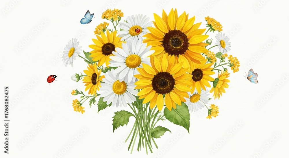 Naklejka premium Bright Floral Arrangement with Sunflowers and Butterflies