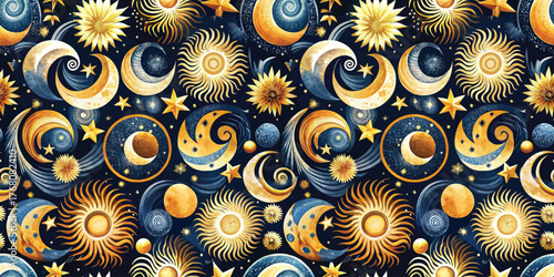 A vibrant cosmic pattern featuring suns, moons, stars, and swirling galaxies in rich gold and deep blue hues.