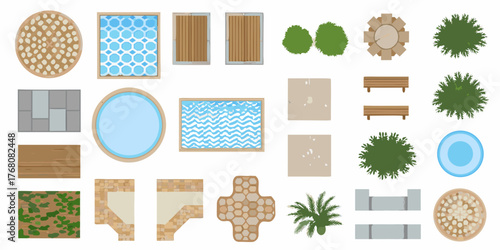 Collection of top view garden elements and landscaping materials for outdoor design projects