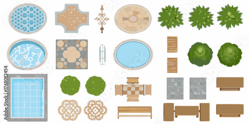 Top down view of garden elements including pools benches tables trees and paving stones