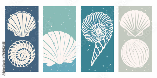 Set of four vertical panels featuring stylized seashell illustrations in a muted color palette