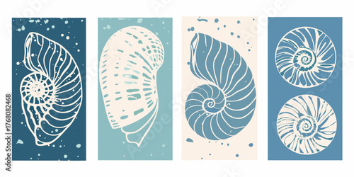 Abstract nautilus shell illustrations in a set of four vertical panels with a textured background