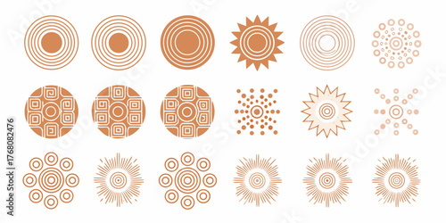 Collection of abstract geometric circular patterns and sunburst designs in earth tones