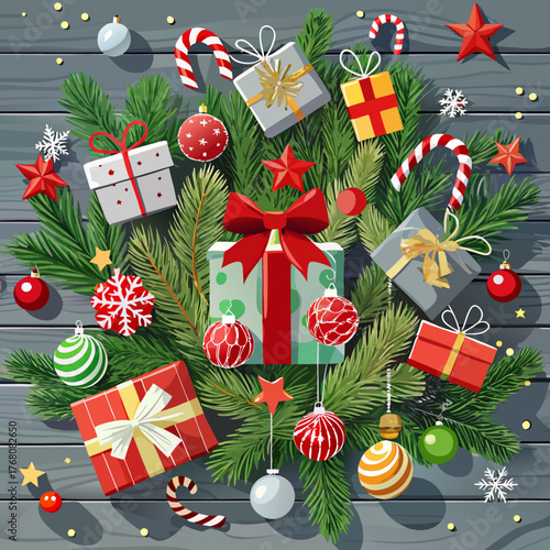 Festive christmas wreath illustration with gifts ornaments and pine branches vector art vector