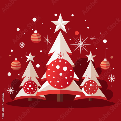 Festive christmas tree vector illustration with ornaments and snowflakes deep red background vector