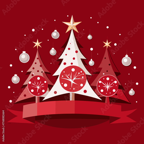 Festive christmas banner vector illustration with decorated trees and ribbon vector