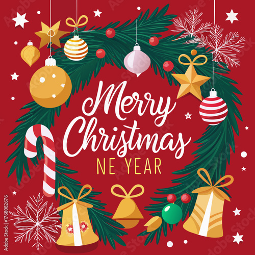 Festive christmas and new year greeting vector illustration with ornaments and bells vector