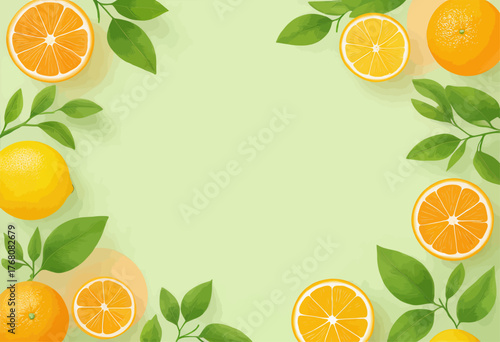 Colorful citrus fruits with leaves bordering empty space, flat design illustration