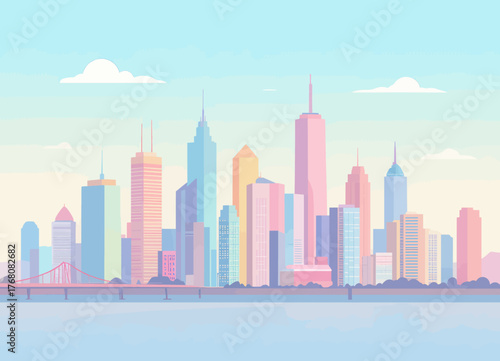 Colorful city skyline with modern buildings, pastel tones, waterfront view