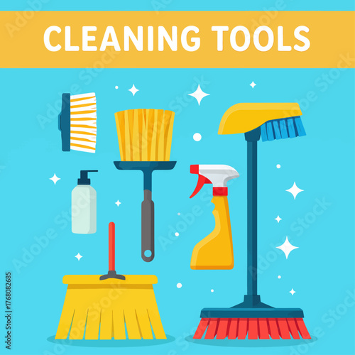 Colorful cleaning tools icons, flat design, household maintenance essentials, isolated