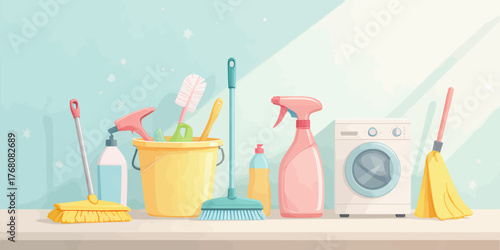 Colorful cleaning tools arranged neatly on shelf, flat design illustration