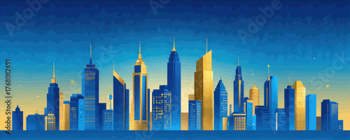 Colorful city skyline at dusk, flat vector illustration with glowing buildings
