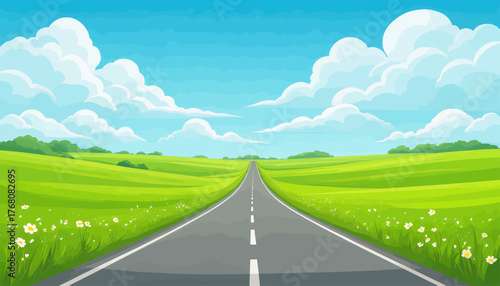 Colorful cartoon road through green fields under blue sky with fluffy clouds