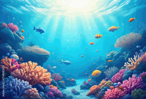 Colorful coral reef underwater scene with tropical fish swimming