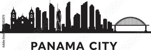 Panama City skyline silhouette with modern skyscrapers, historic cathedral and bridge illustration, black cityscape design for travel, architecture, business, and tourism