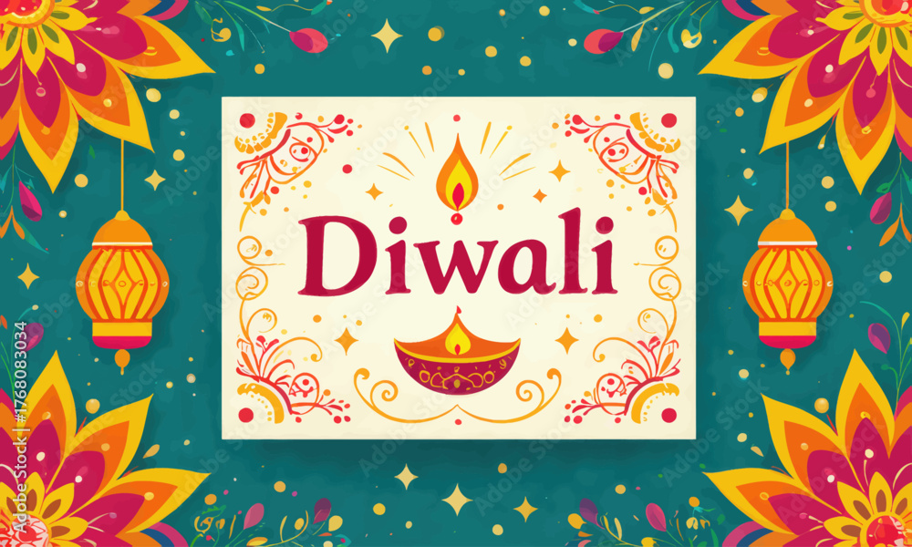Naklejka premium Colorful diwali greeting card with ornate lanterns and floral patterns on teal background