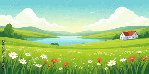 Colorful flat landscape with cottage by lake, rolling hills and wildflowers